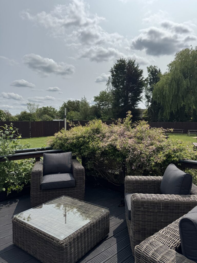 Comfortable outdoor seating on a decking that is covered in winter for warmth